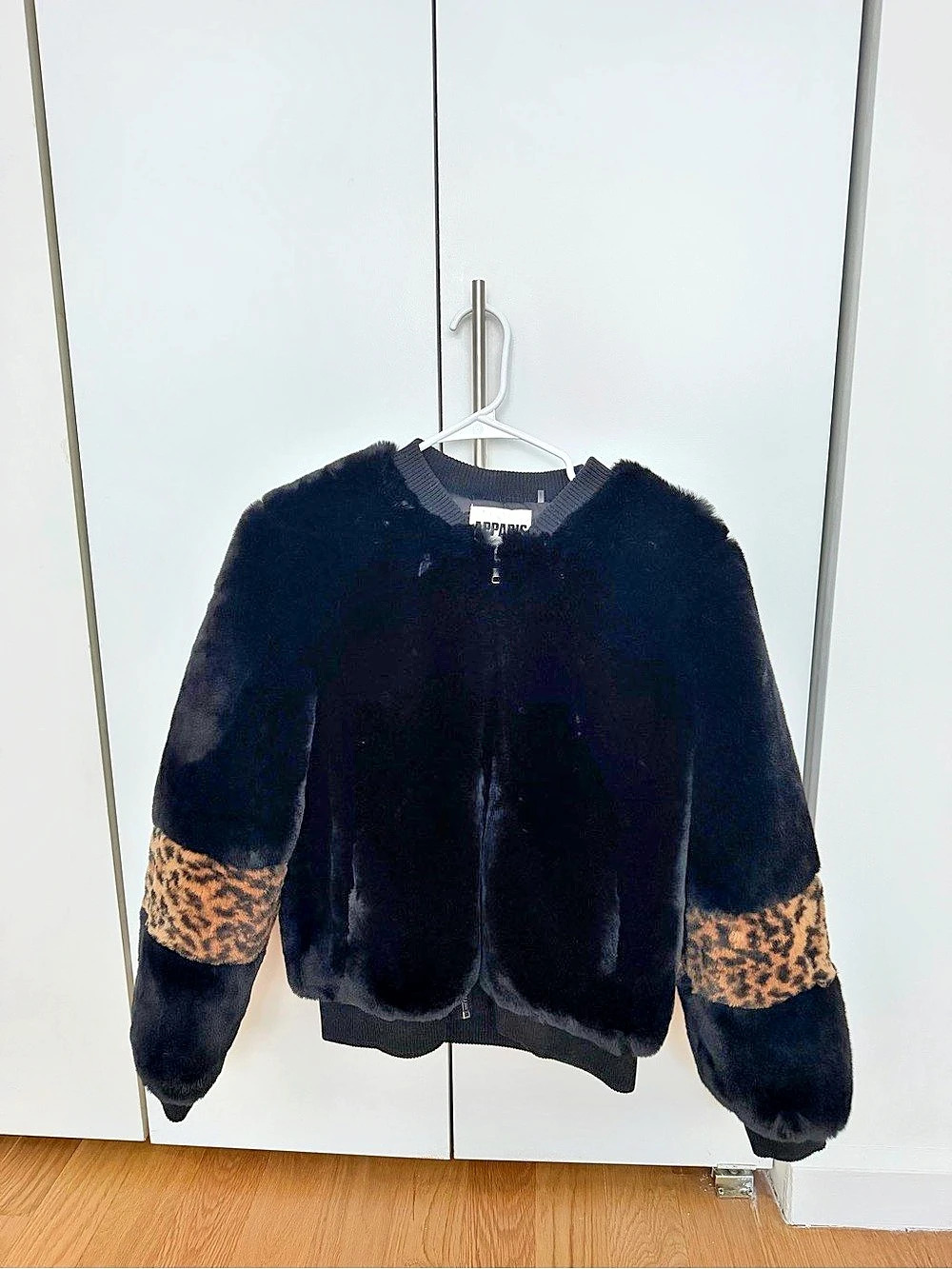 Women's Black and Leopard Faux Fur Bomber Jacket
